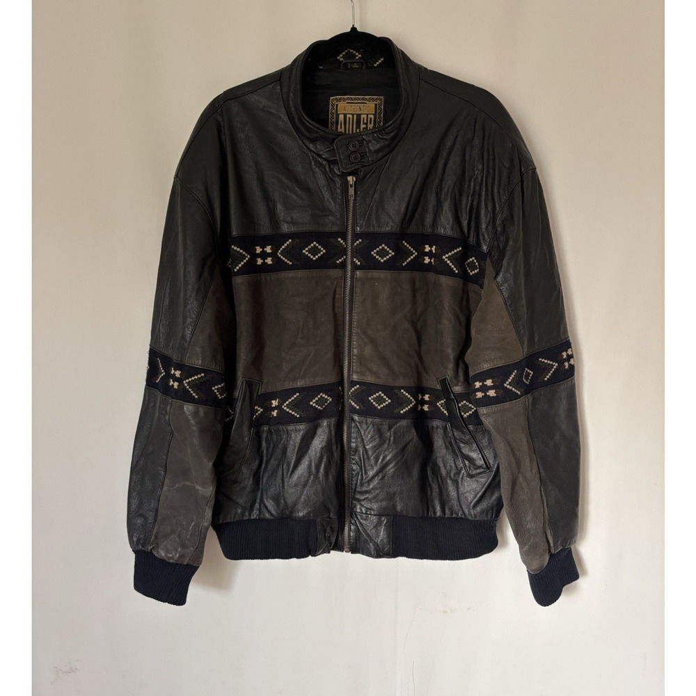 Vtg Adler Leather Jacket XL Pockets Black Brown Southwestern Aztec Pattern Lined